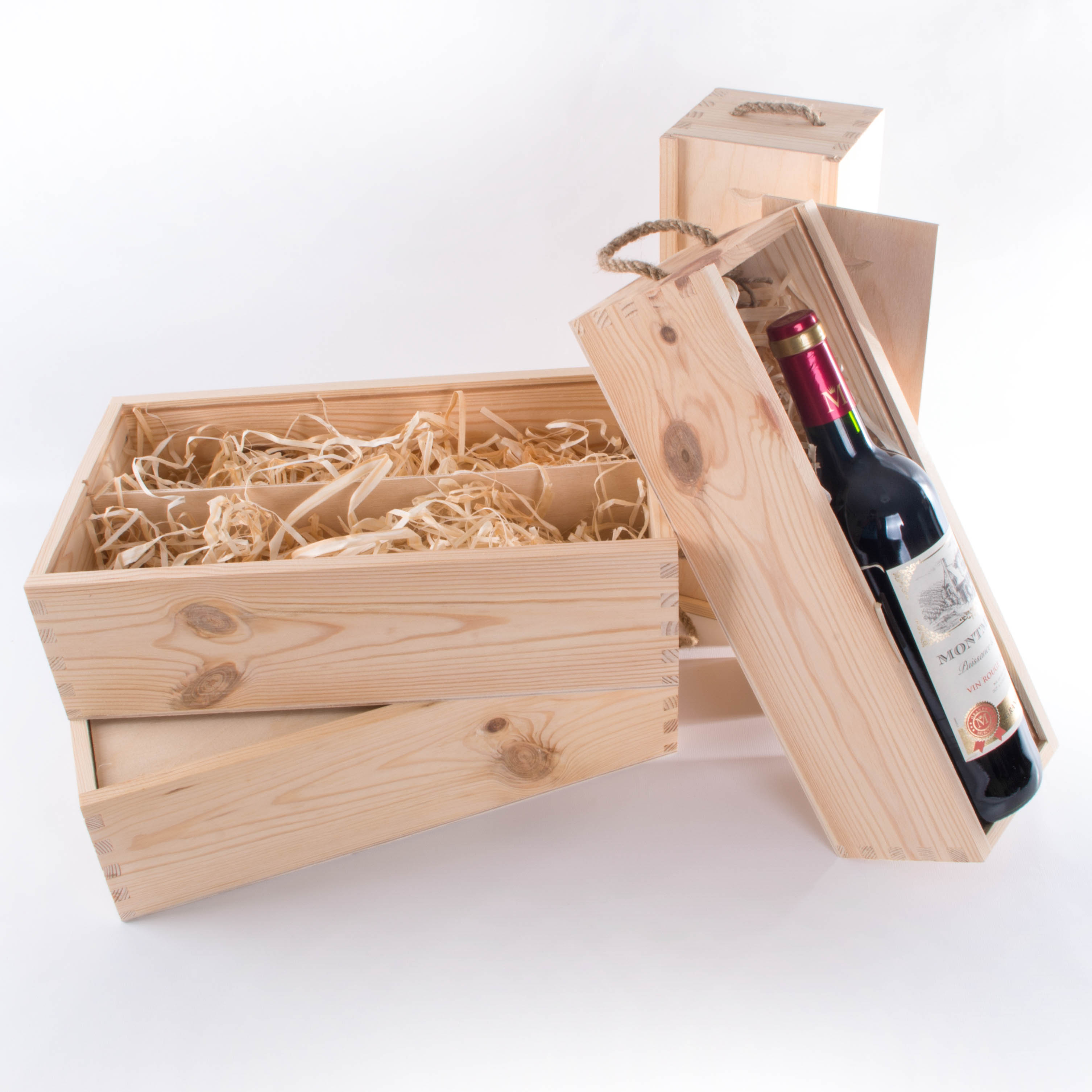 Wine Box with Wood Wool / 1 or 2 Bottles Plain Wooden Gift Case